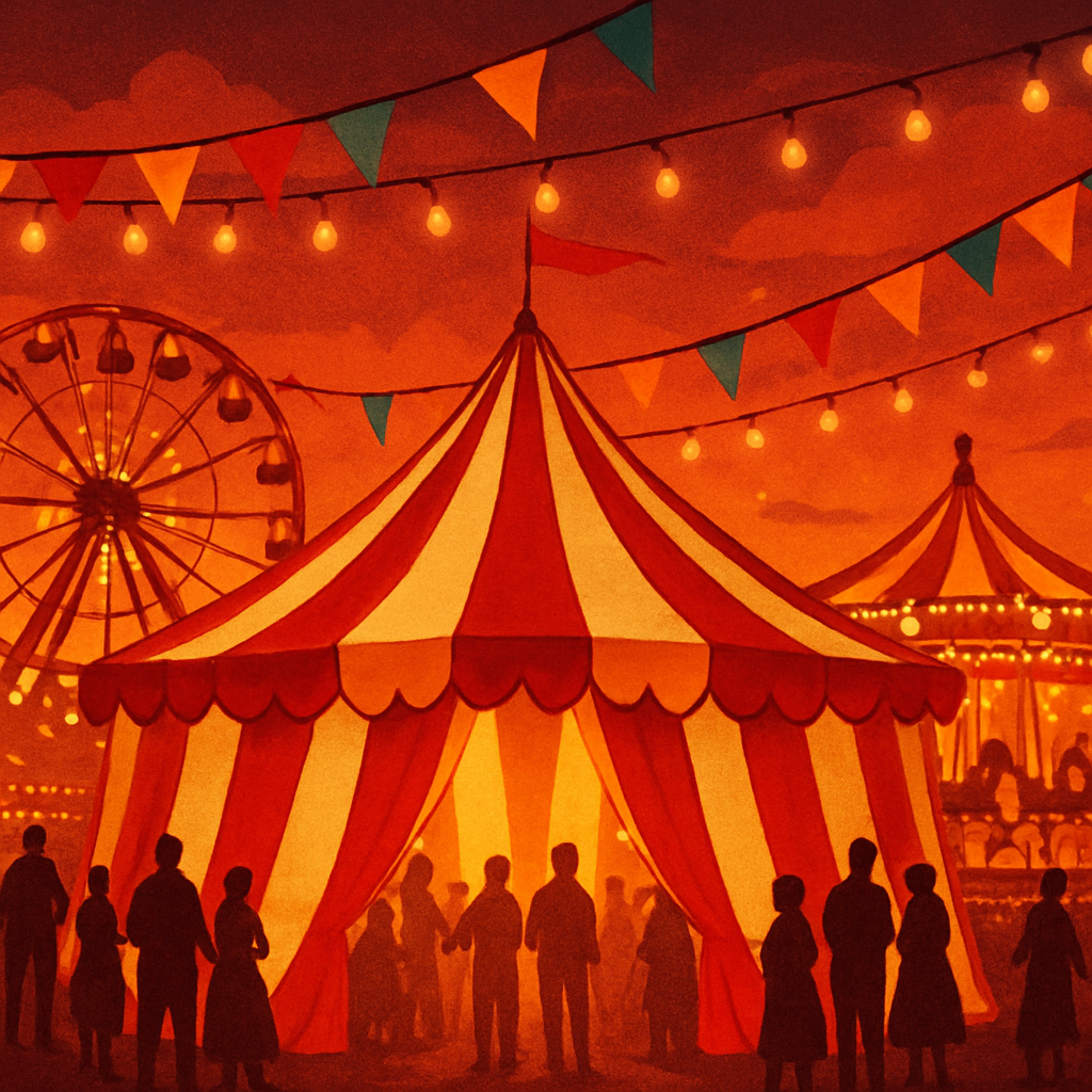Illustrated carnival scene with a striped big-top tent, ferris wheel, and string lights at twilight